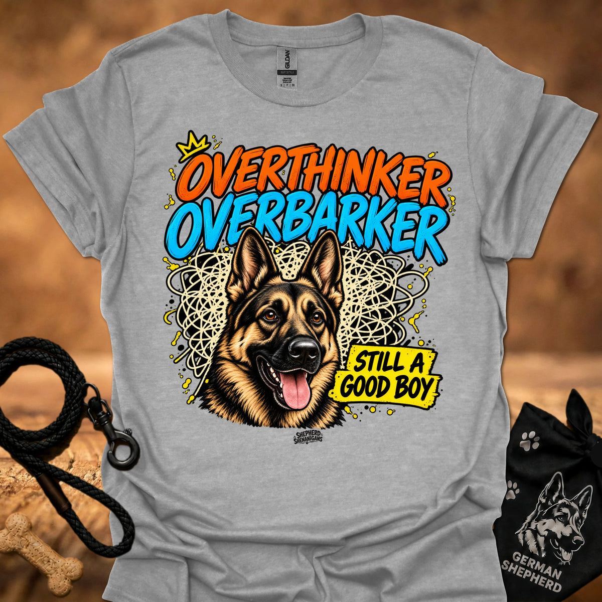 Charcoal grey T-shirt with German shepherd graphic and “OverThinker OverBarker” text