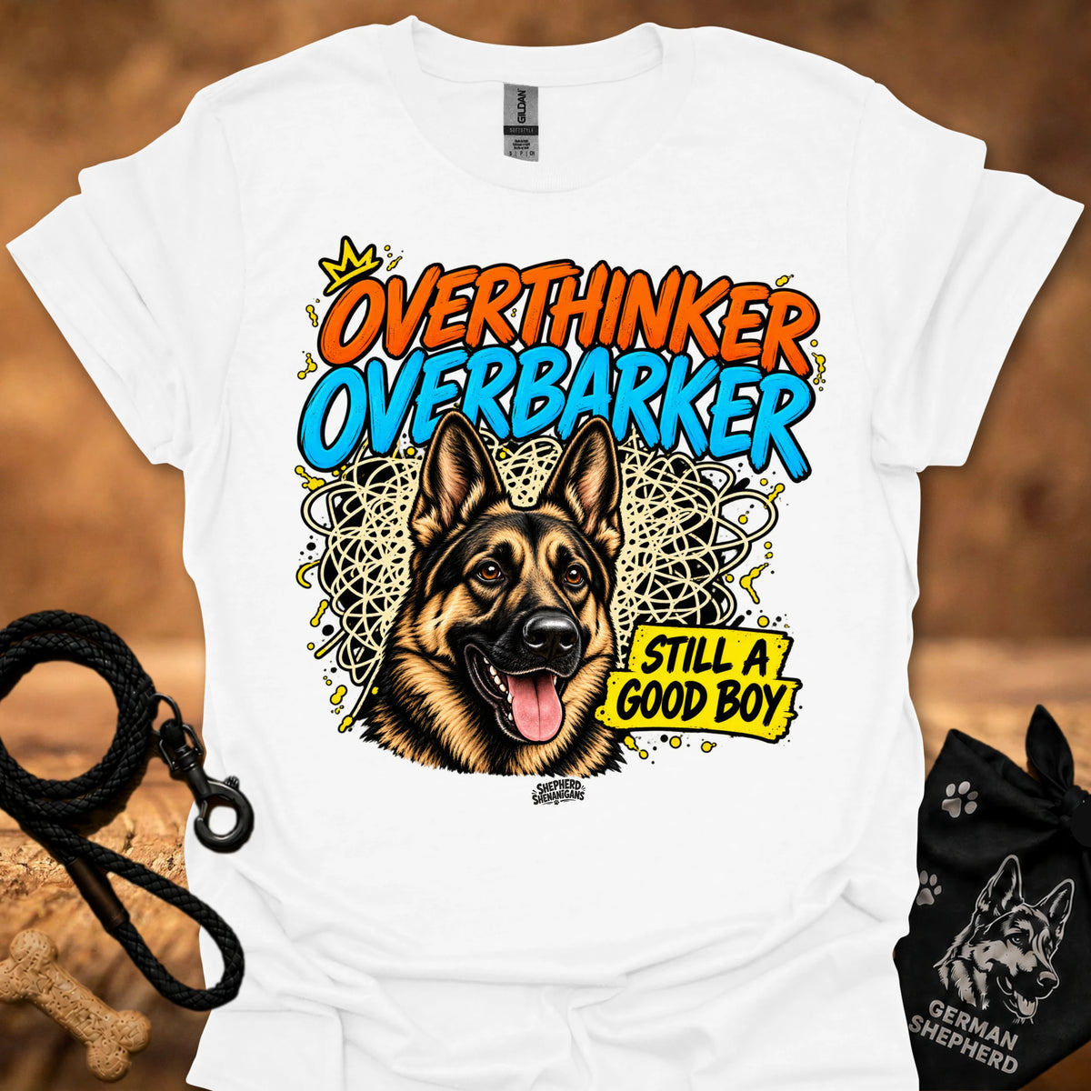 White T-shirt with German shepherd graphic and “OverThinker OverBarker” text