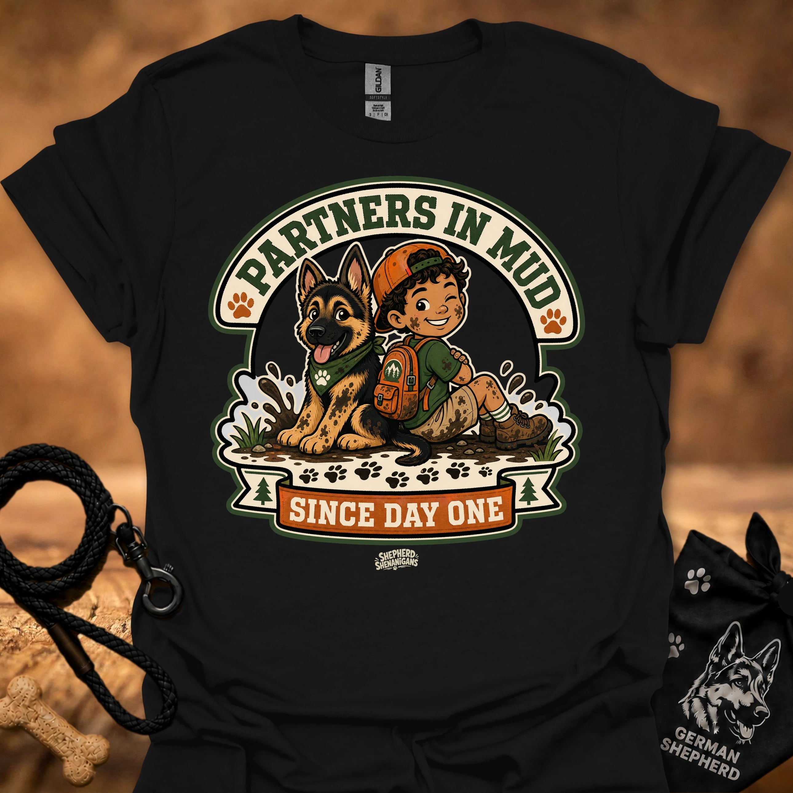 Black men's t-shirt with circular dog and boy graphic, "Since Day One" print.