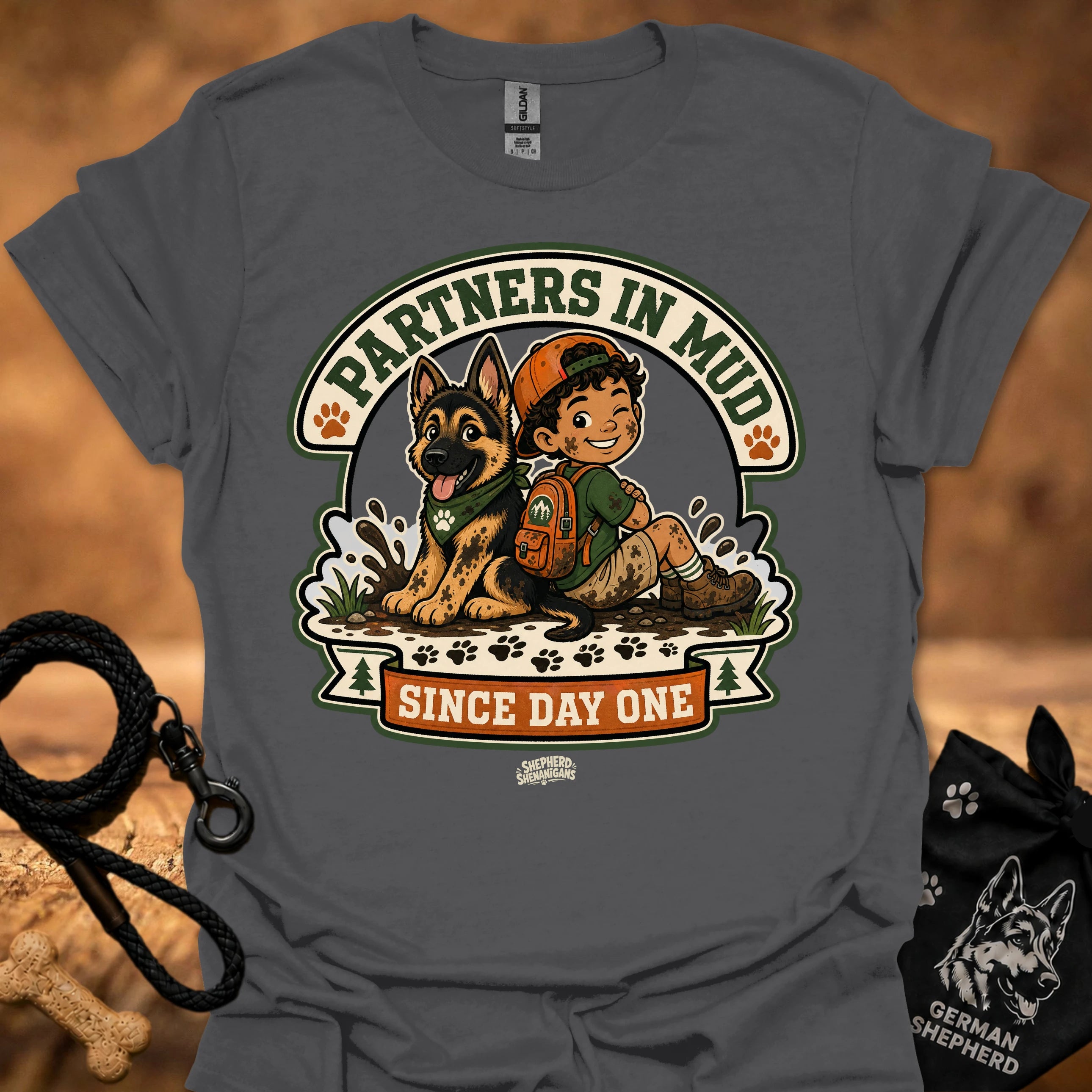 Charcoal men's t-shirt with circular dog and boy graphic, "Since Day One" print.