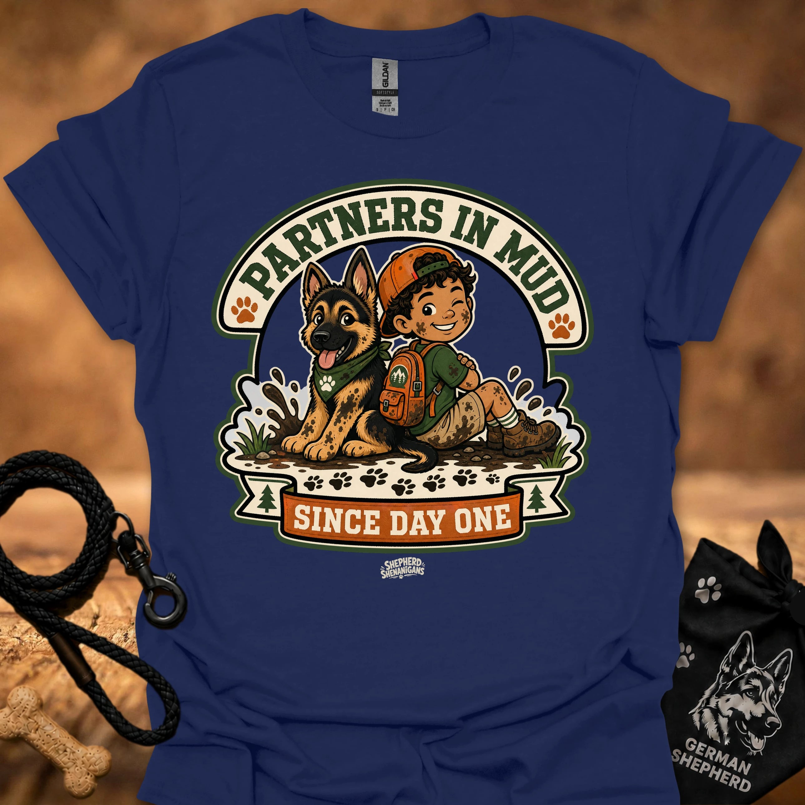 Navy men's t-shirt with circular dog and boy graphic, "Since Day One" print.