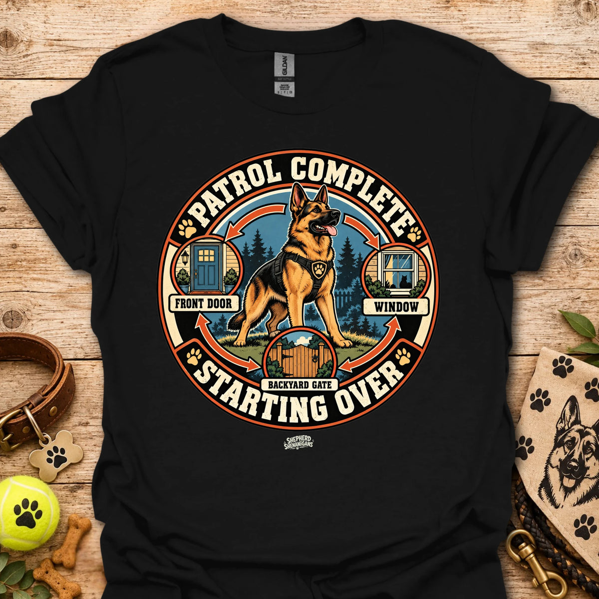 Black crew-neck t-shirt with large circular dog patrol graphic and “Starting Over” text