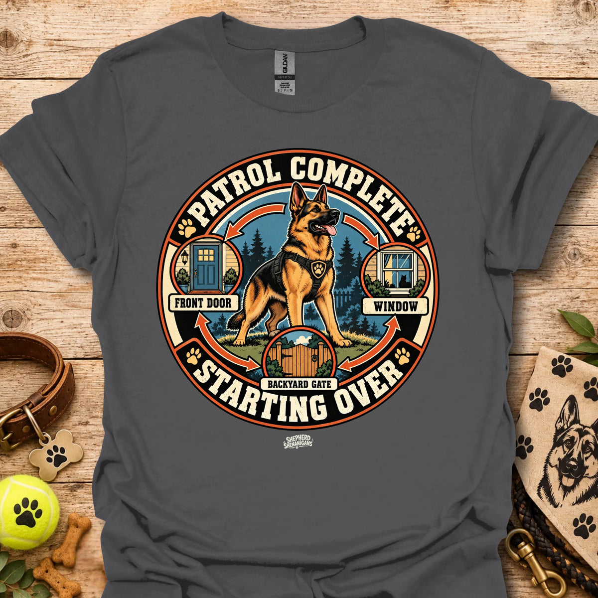 Black crew-neck t-shirt with large circular dog patrol graphic and “Starting Over” text