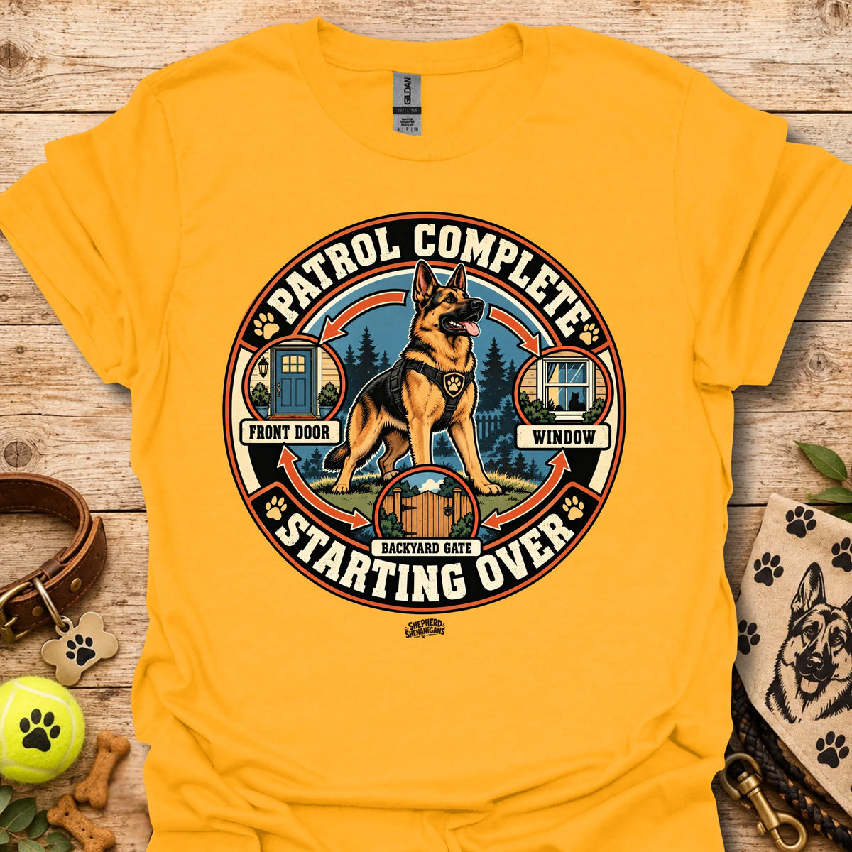 Gold crew-neck t-shirt with large circular dog patrol graphic and “Starting Over” text