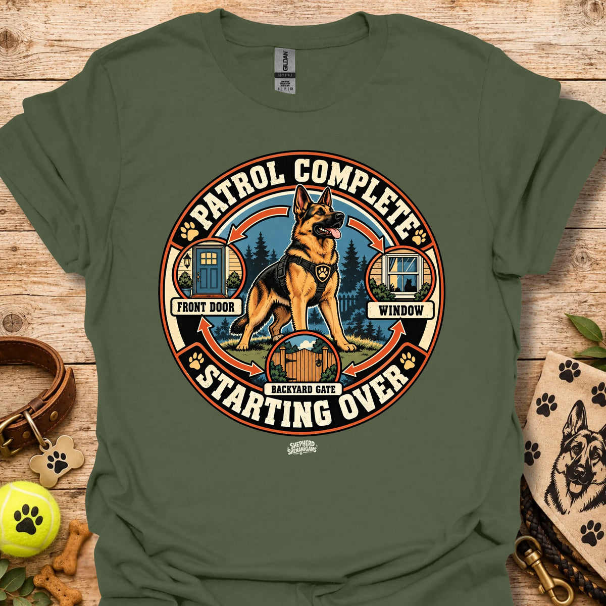 Military green crew-neck t-shirt with large circular dog patrol graphic and “Starting Over” text