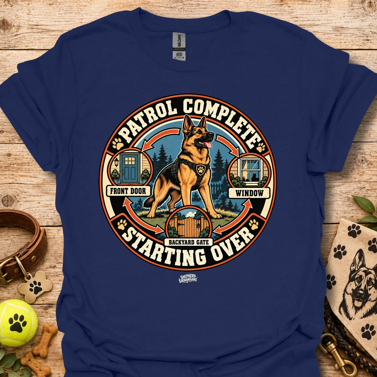 Royal blue crew-neck t-shirt with large circular dog patrol graphic and “Starting Over” text