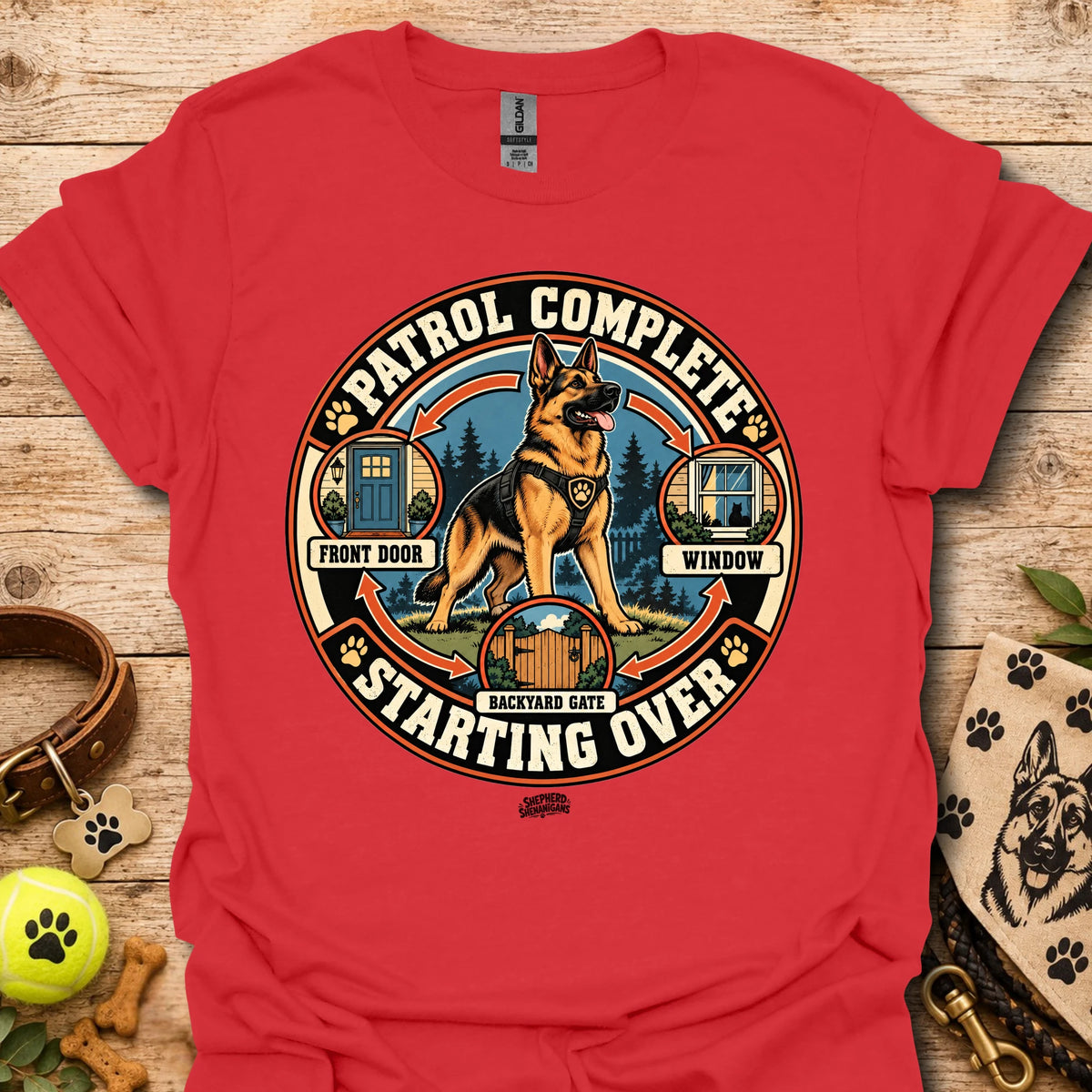Red crew-neck t-shirt with large circular dog patrol graphic and “Starting Over” text