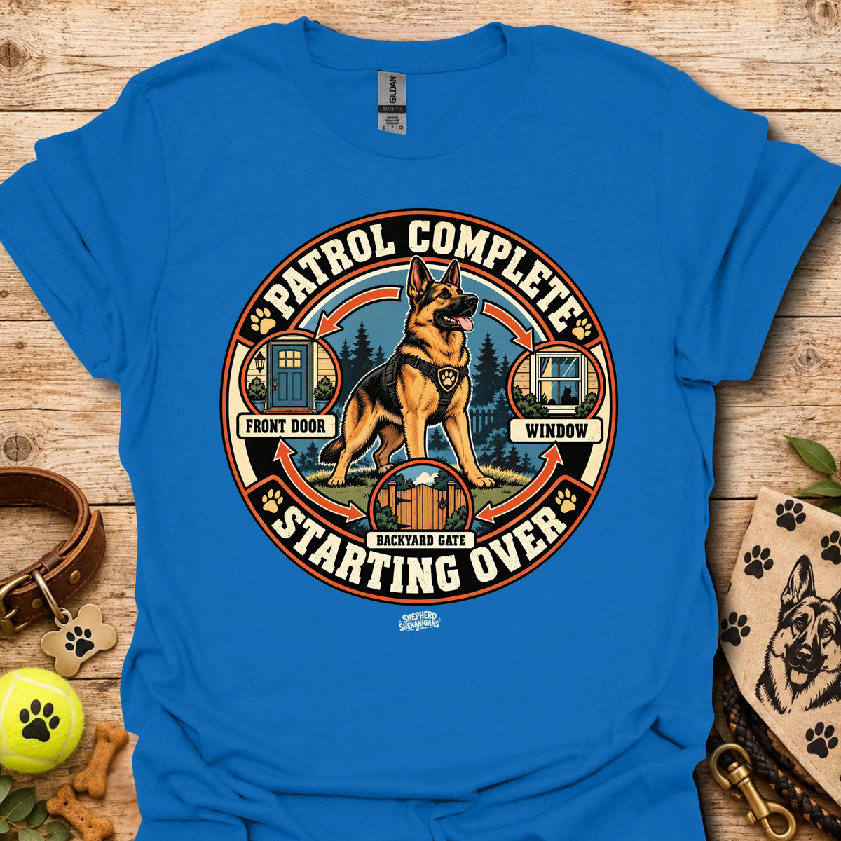 Blue crew-neck t-shirt with large circular dog patrol graphic and “Starting Over” text