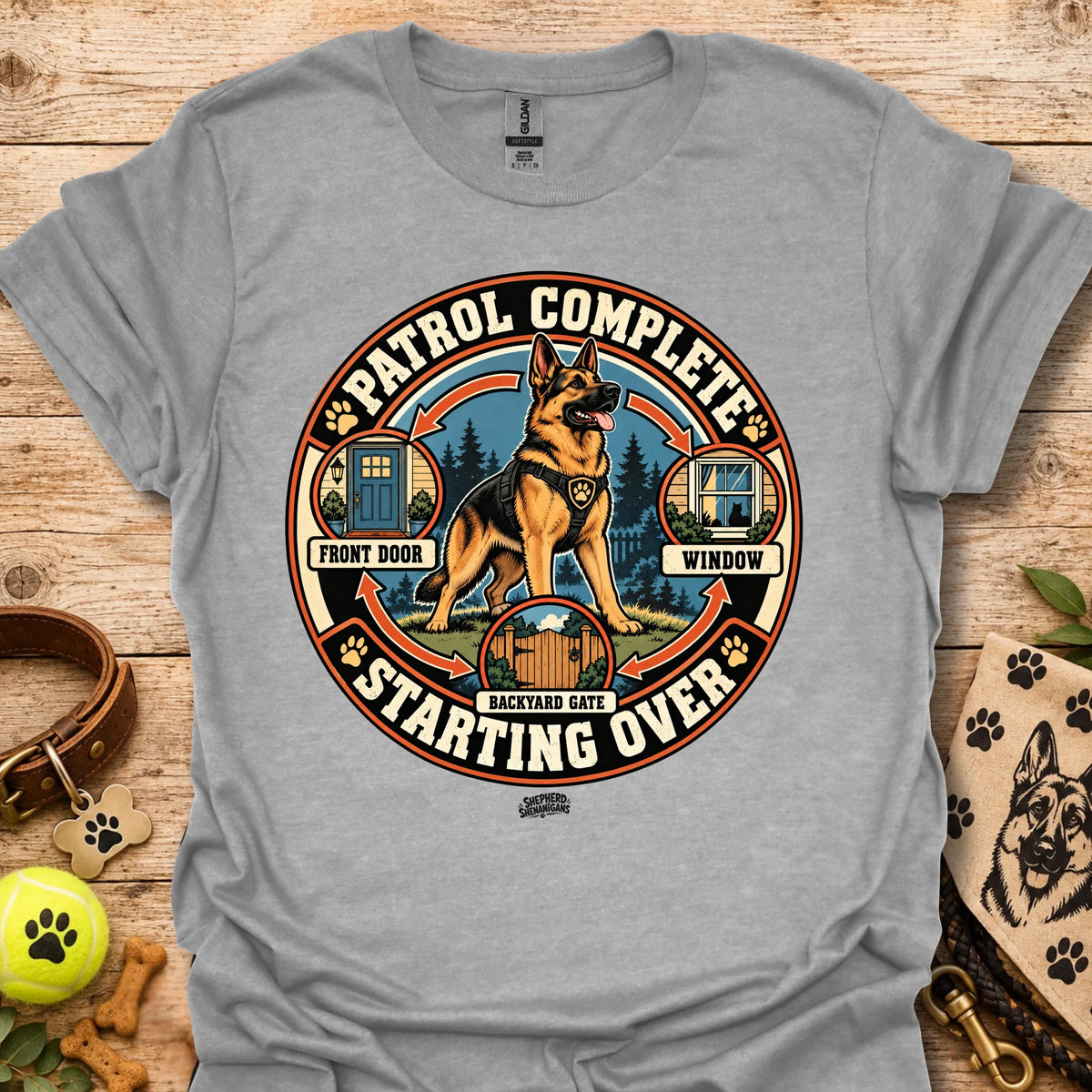 Heather gray crew-neck t-shirt with large circular dog patrol graphic and “Starting Over” text