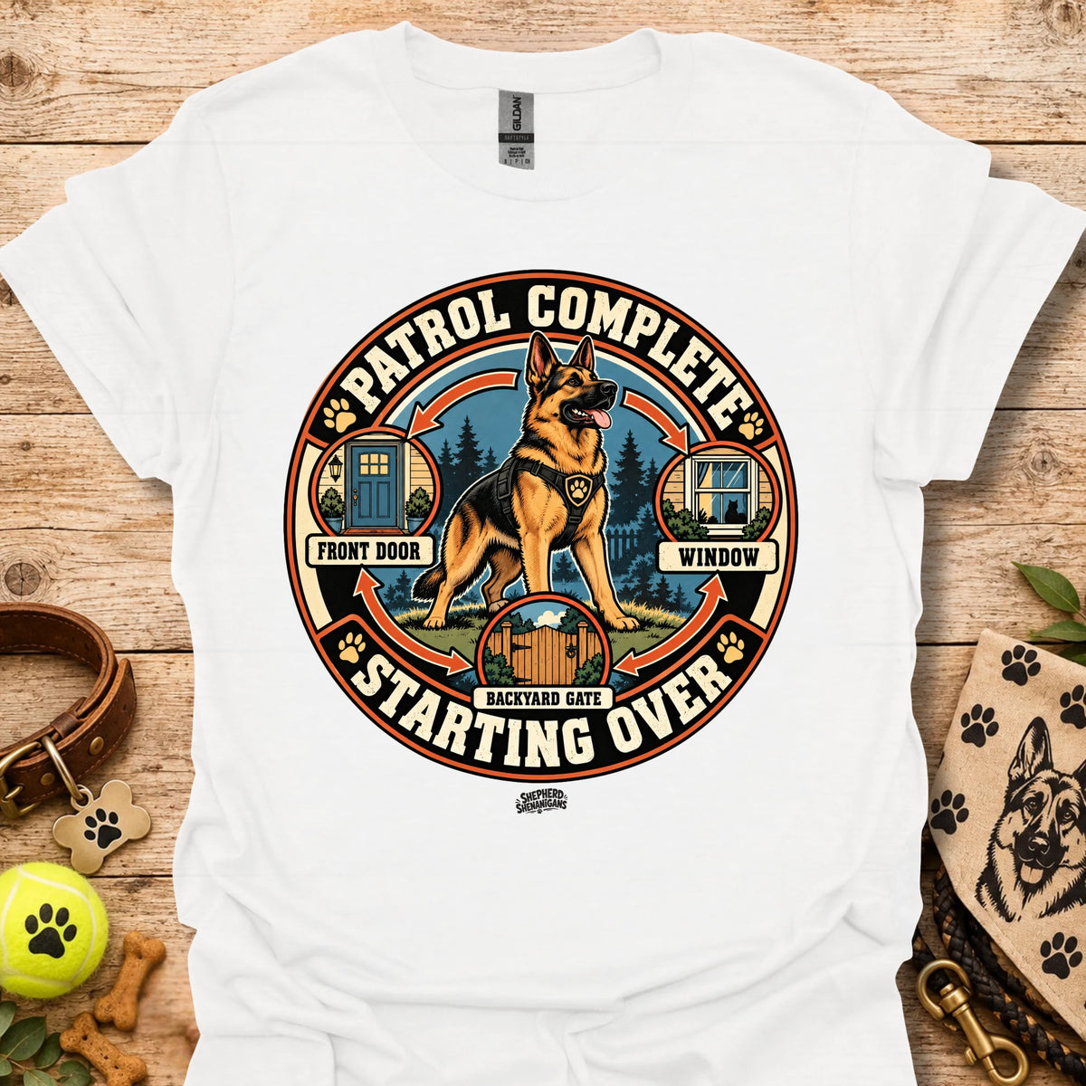 White crew-neck t-shirt with large circular dog patrol graphic and “Starting Over” text
