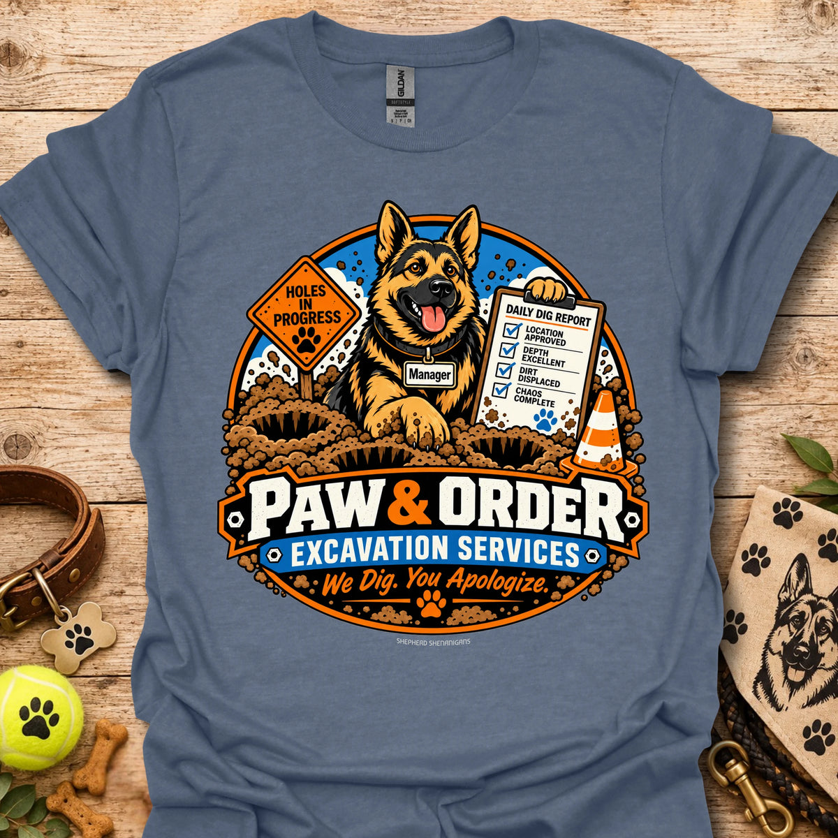 Navy blue Paw & Order excavation T-shirt with dog digging emblem and “We Dig You Apologize” text