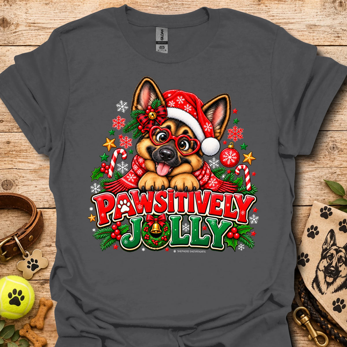 Charcoal T-shirt with festive dog in Santa hat graphic and "Pawsitively Jolly" text