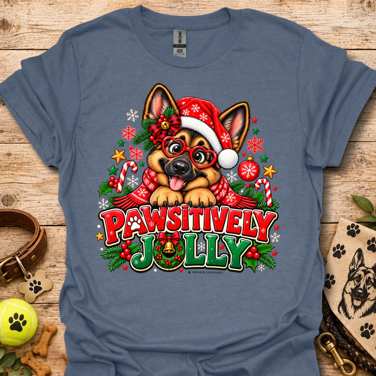 Heather indigo T-shirt with festive dog in Santa hat graphic and "Pawsitively Jolly" text