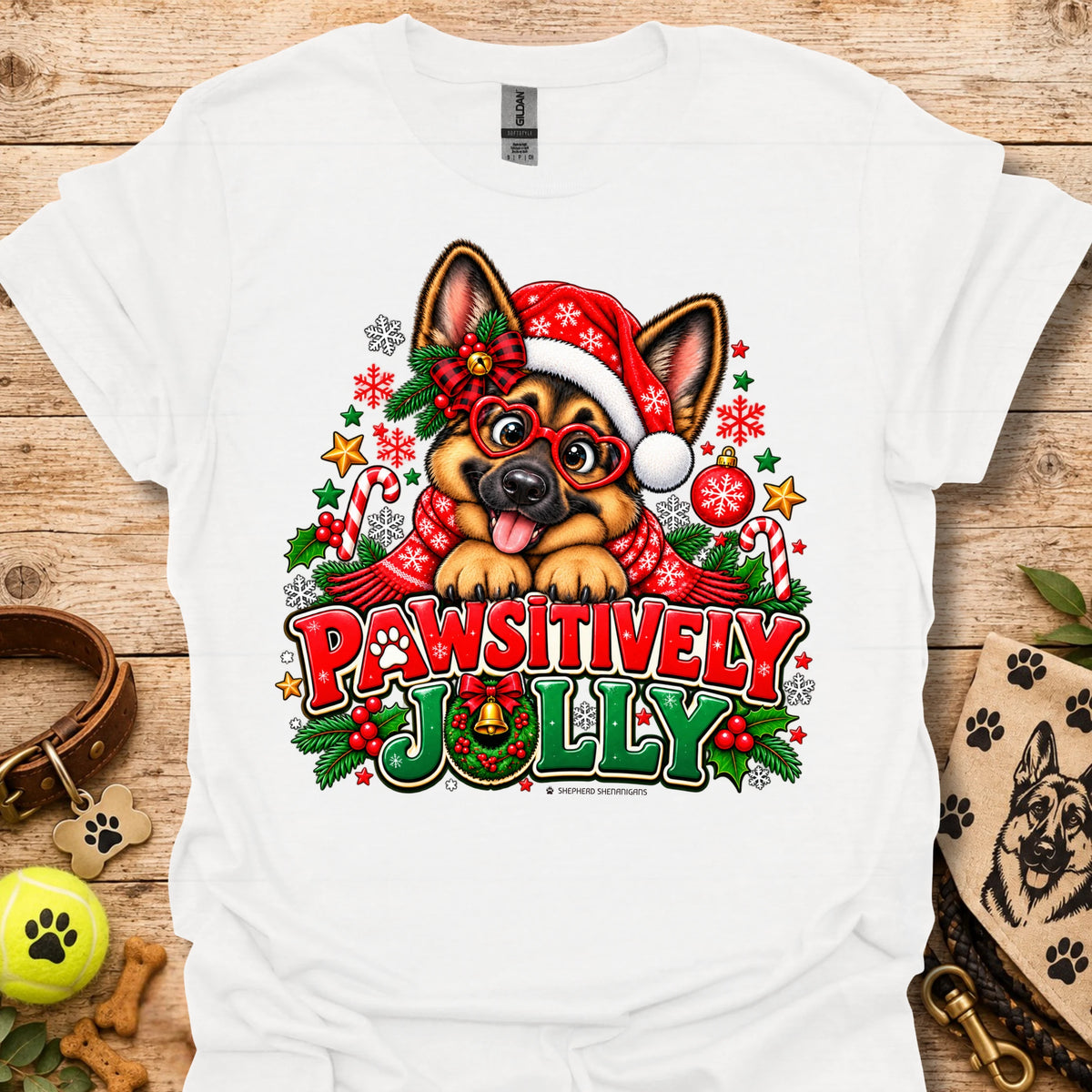 White T-shirt with festive dog in Santa hat graphic and "Pawsitively Jolly" text
