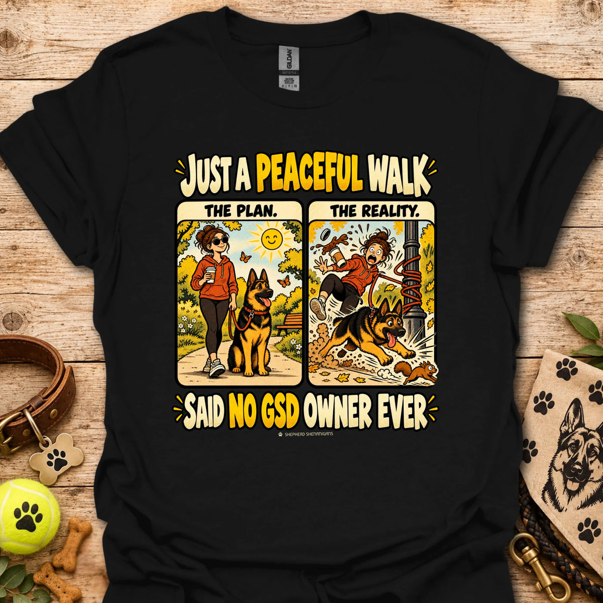 Black graphic dog-owner quote T-shirt, short-sleeve crew neck