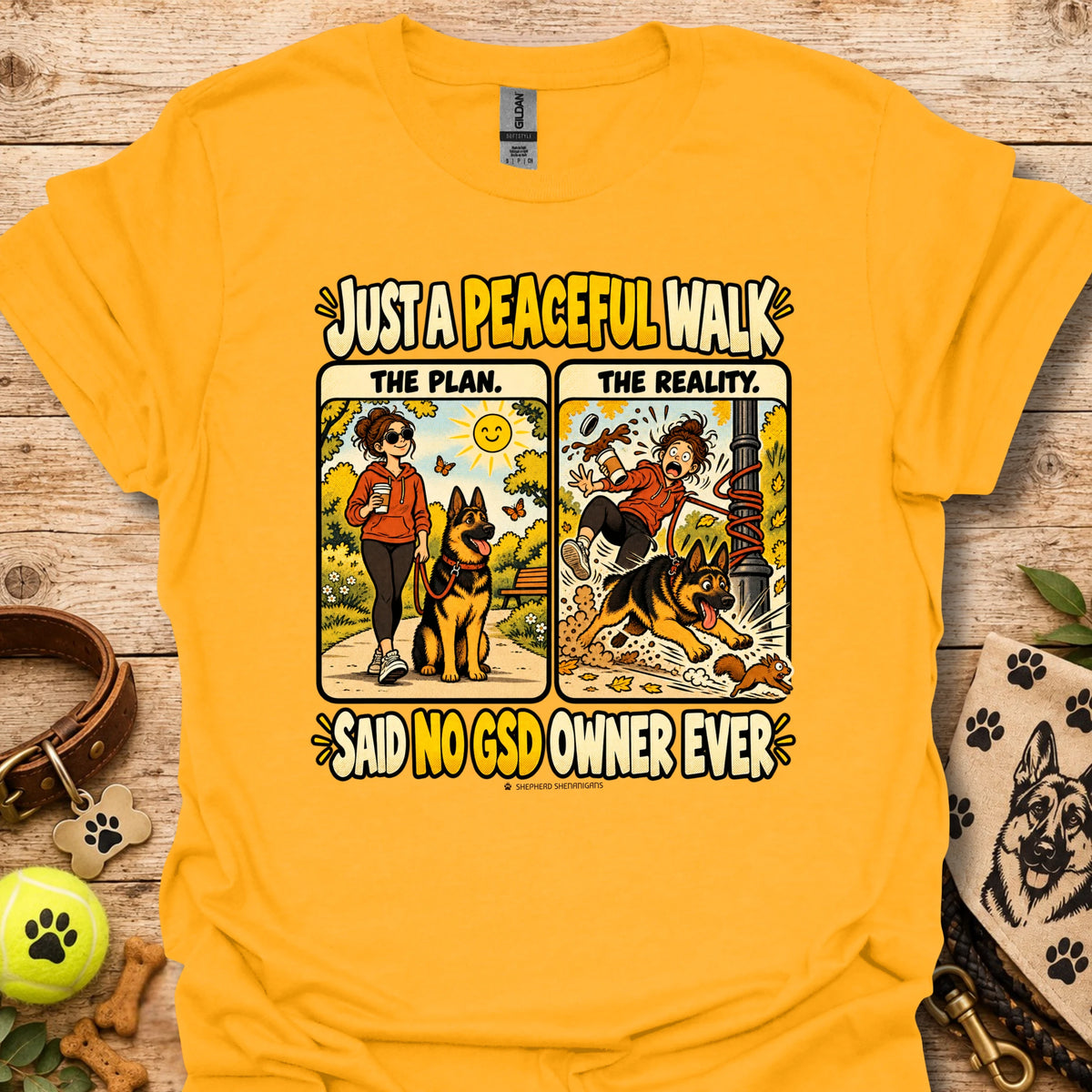 Gold graphic dog-owner quote T-shirt, short-sleeve crew neck