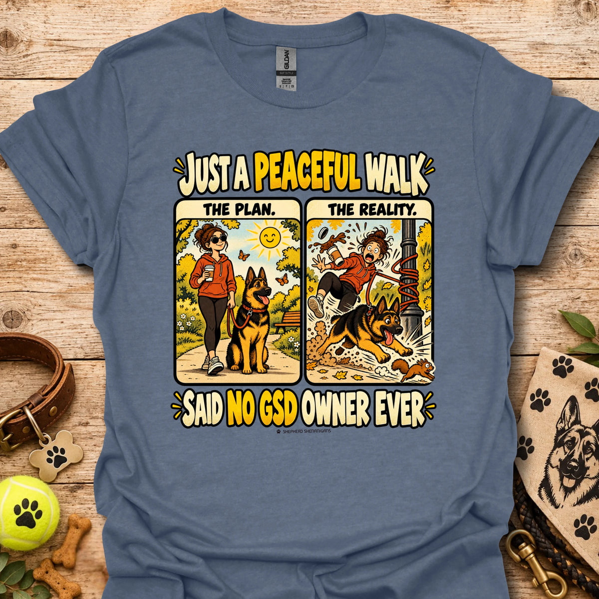 Heather indigo graphic dog-owner quote T-shirt, short-sleeve crew neck