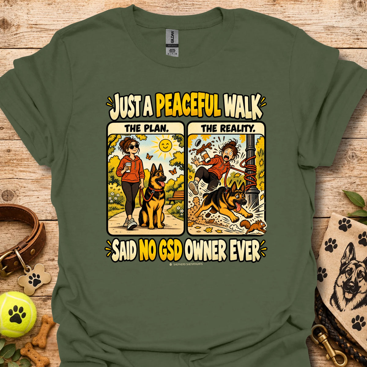 Military green graphic dog-owner quote T-shirt, short-sleeve crew neck