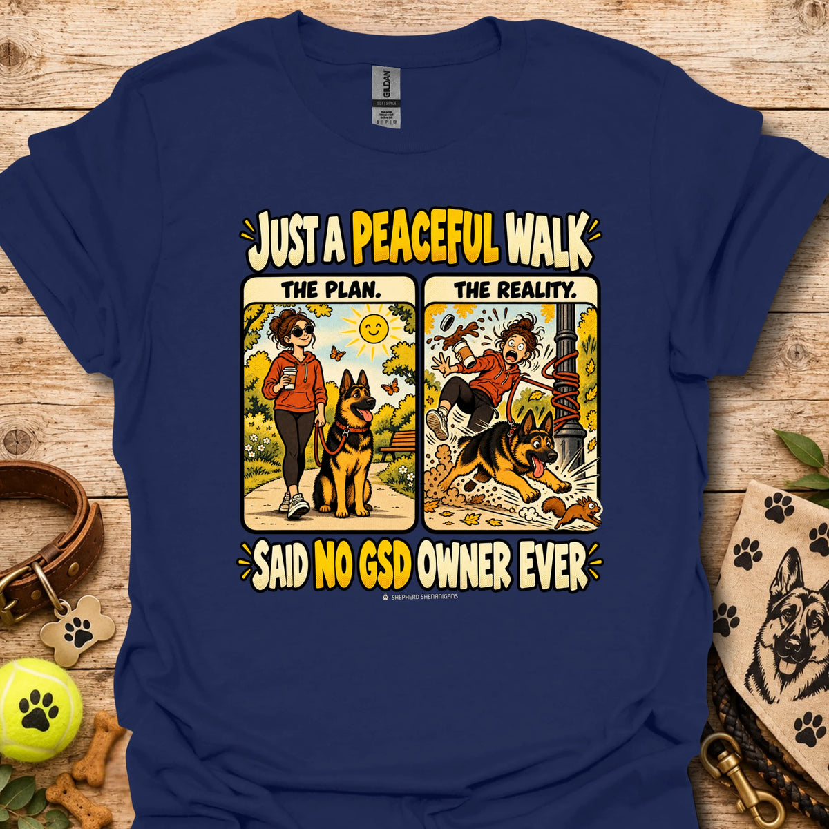 Navy graphic dog-owner quote T-shirt, short-sleeve crew neck