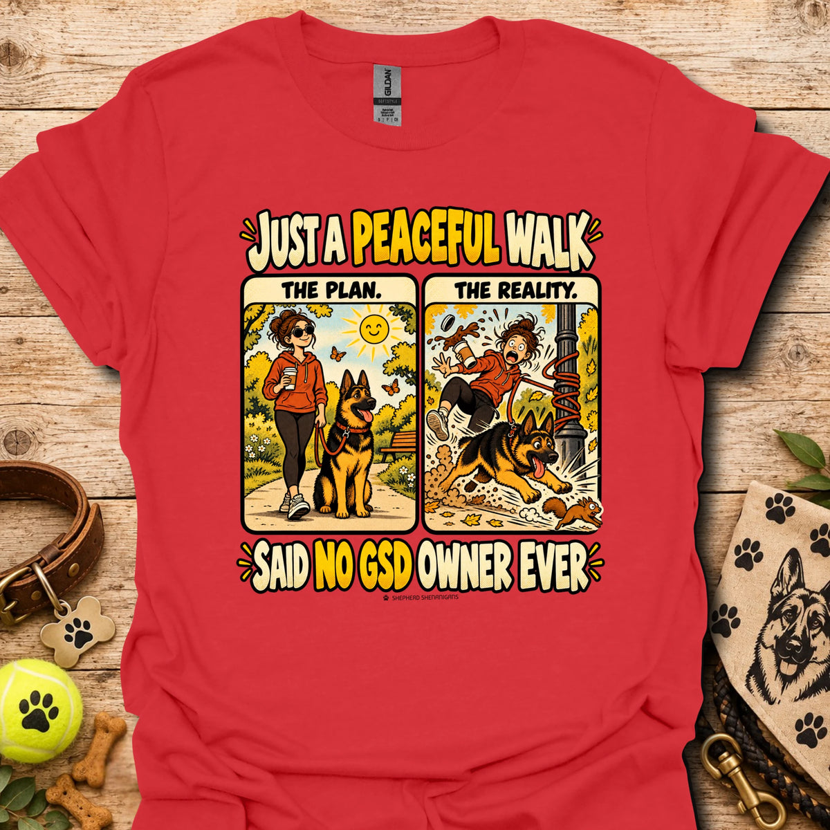 Red graphic dog-owner quote T-shirt, short-sleeve crew neck