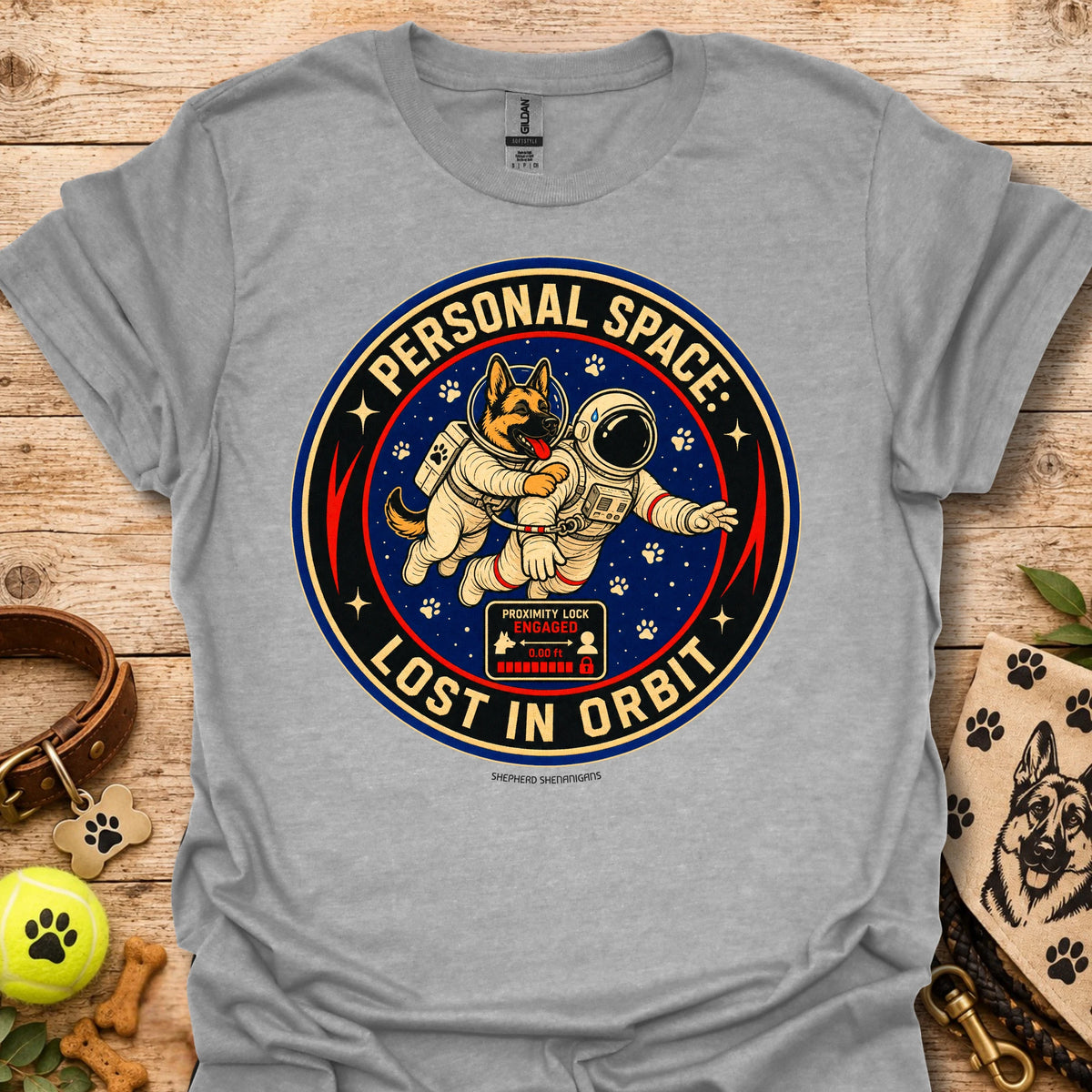 Sport gray t-shirt with astronaut dog graphic and circular 'Lost in Orbit' text
