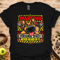 Black crew-neck T-shirt with colorful dog "Warning" graphic