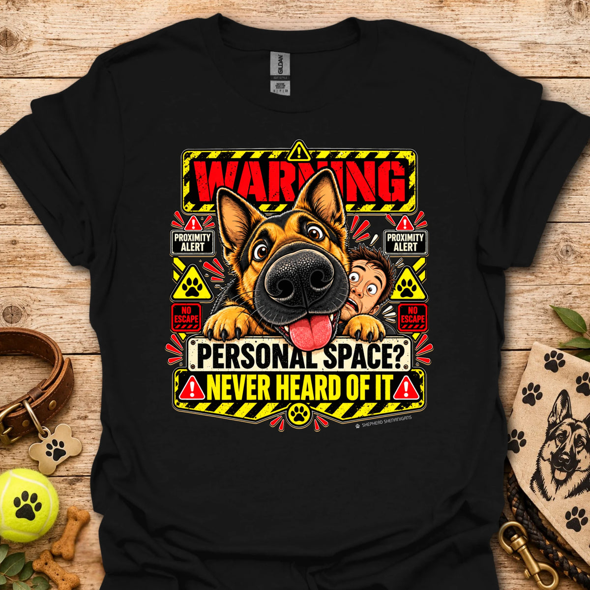 Black crew-neck T-shirt with colorful dog "Warning" graphic