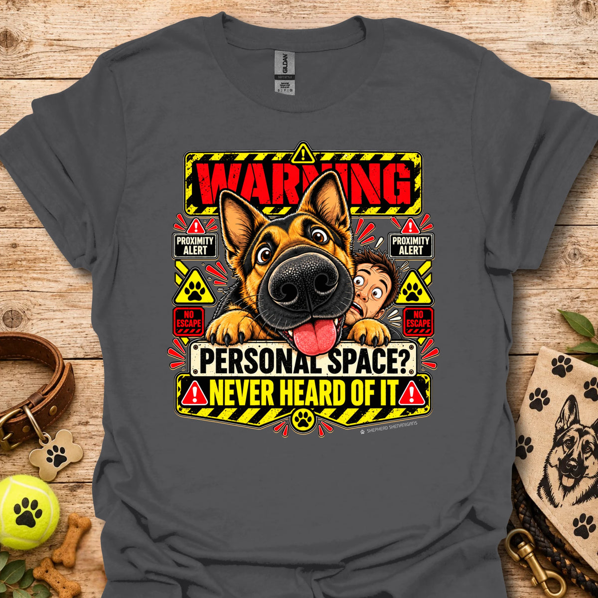 Charcoal crew-neck T-shirt with colorful dog "Warning" graphic