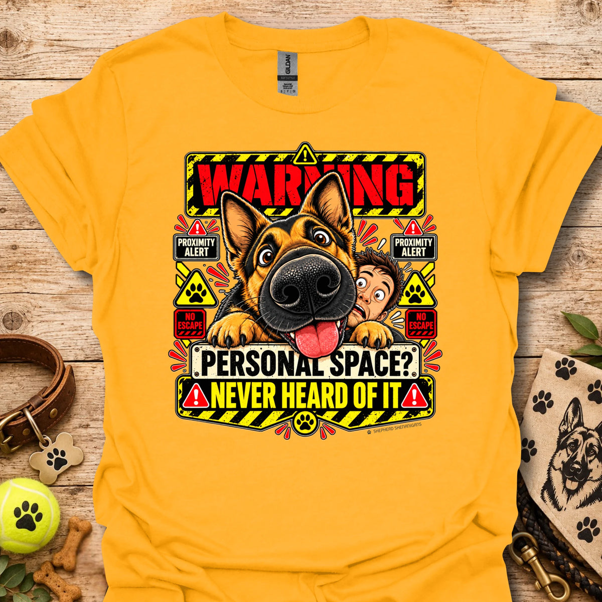 Gold crew-neck T-shirt with colorful dog "Warning" graphic