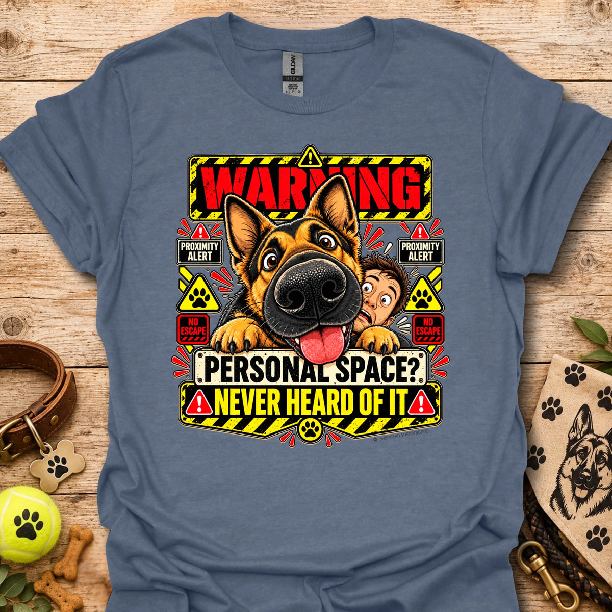 Heather indigo crew-neck T-shirt with colorful dog "Warning" graphic