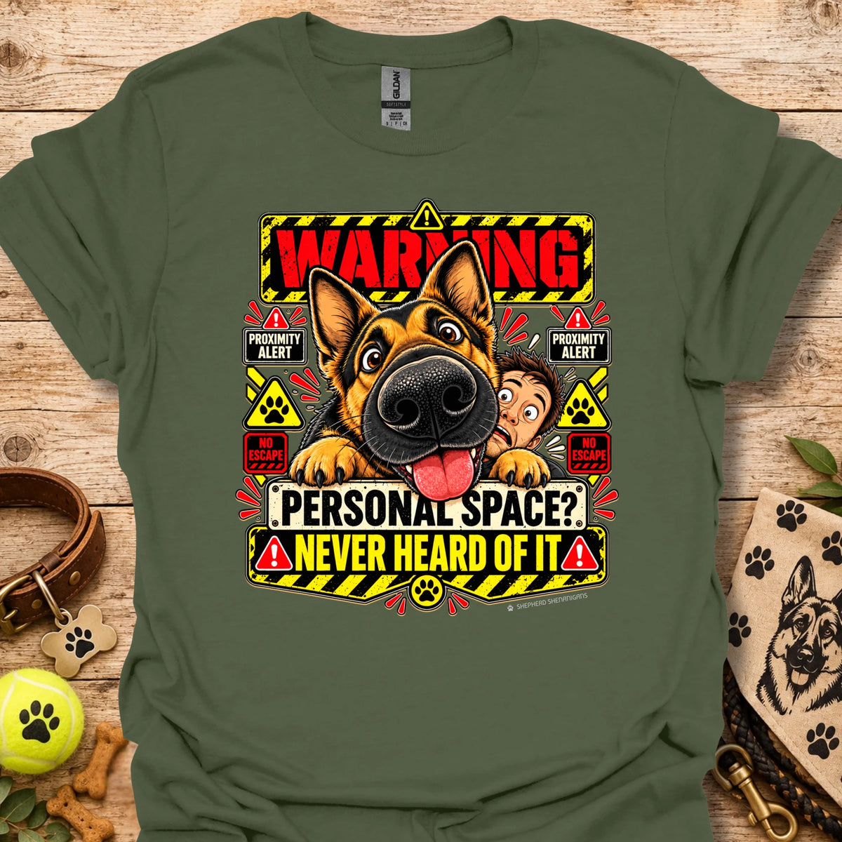 Military green crew-neck T-shirt with colorful dog "Warning" graphic