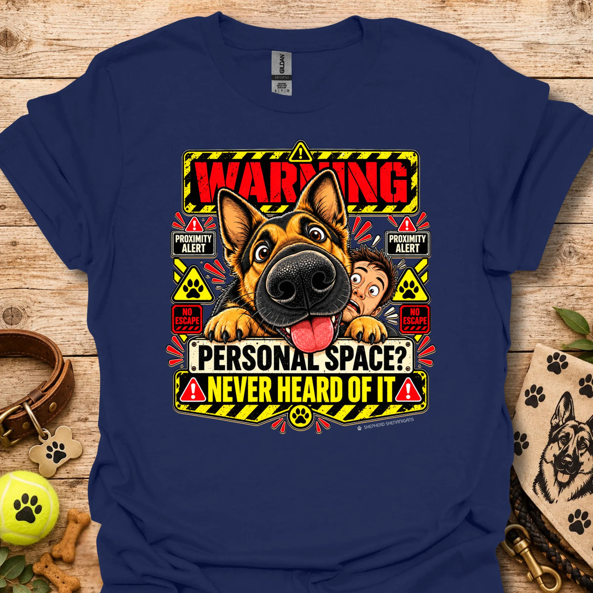 Navy crew-neck T-shirt with colorful dog "Warning" graphic