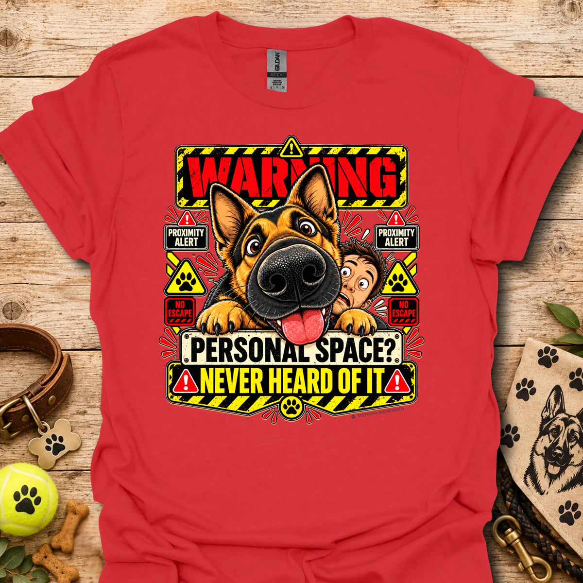 Red crew-neck T-shirt with colorful dog "Warning" graphic