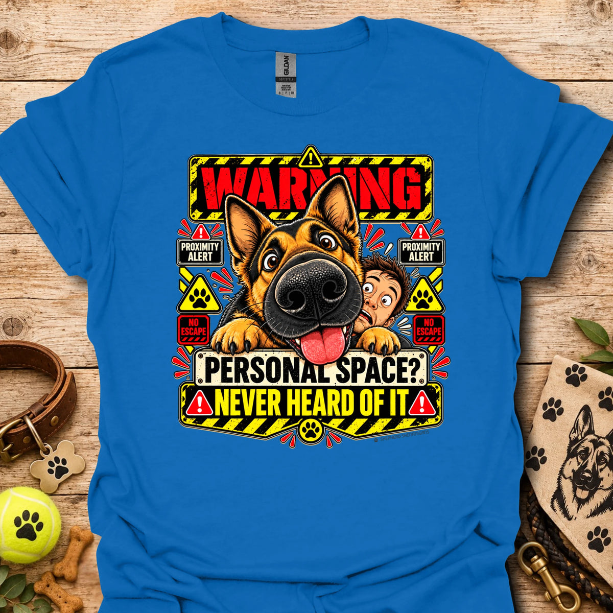 Royal blue crew-neck T-shirt with colorful dog "Warning" graphic