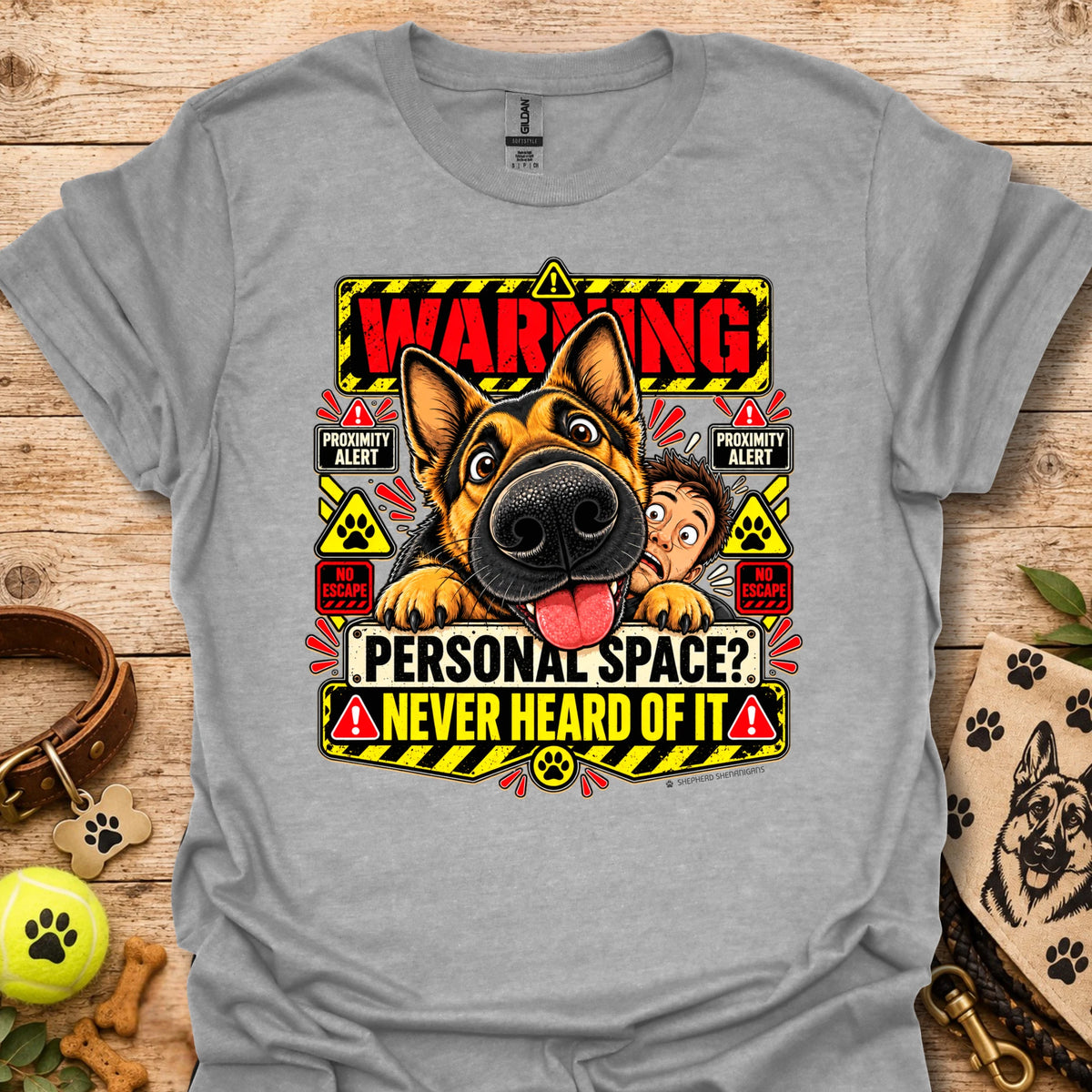Sport grey crew-neck T-shirt with colorful dog "Warning" graphic
