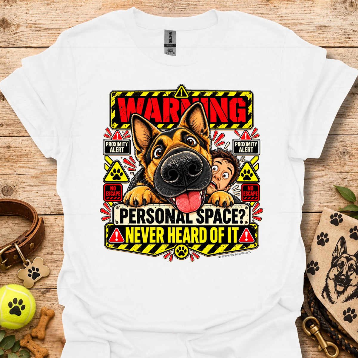 White crew-neck T-shirt with colorful dog "Warning" graphic