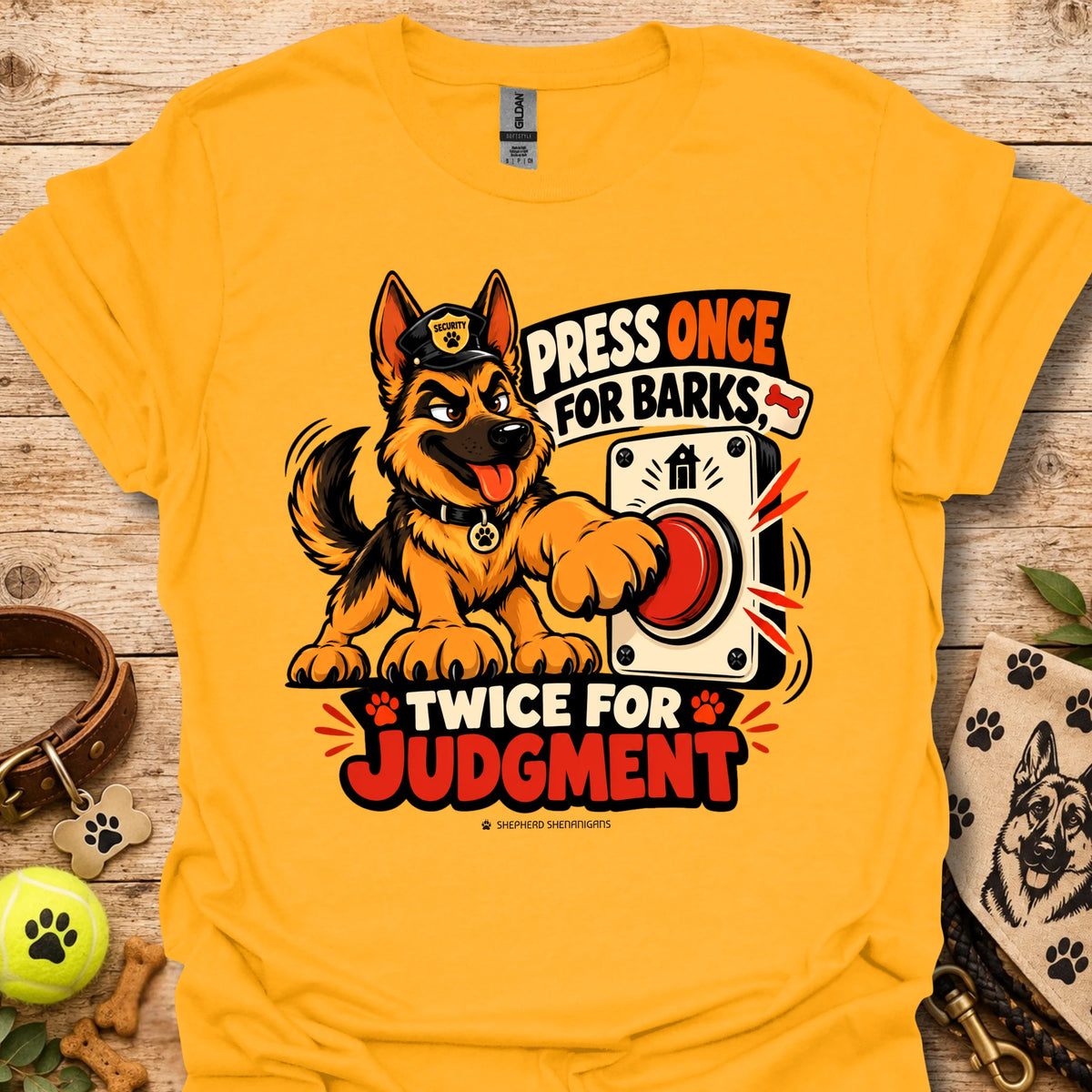 Gold T-shirt with cartoon German Shepherd dog graphic and bold 'Press Once For Barks' print