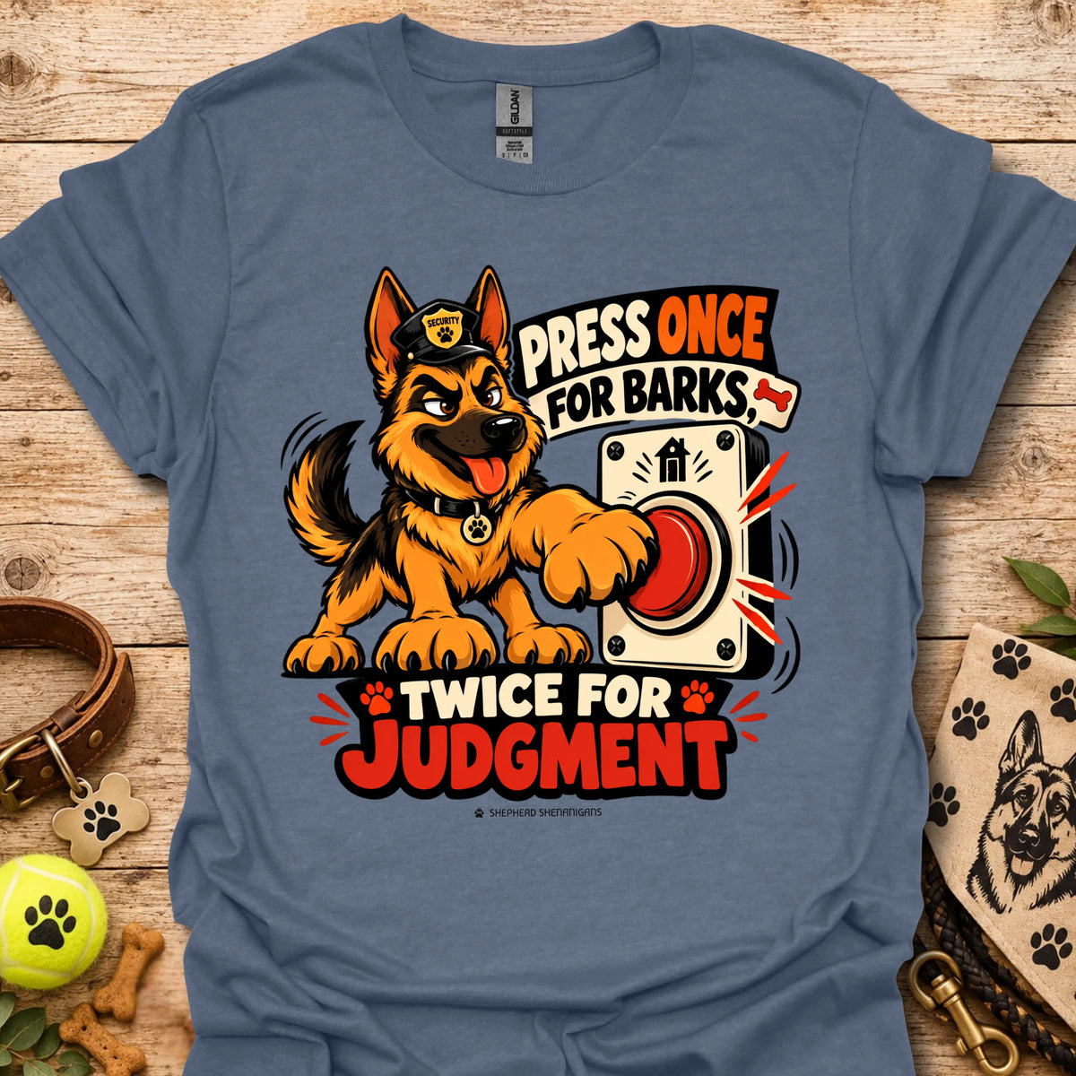 Heather indigo T-shirt with cartoon German Shepherd dog graphic and bold 'Press Once For Barks' text