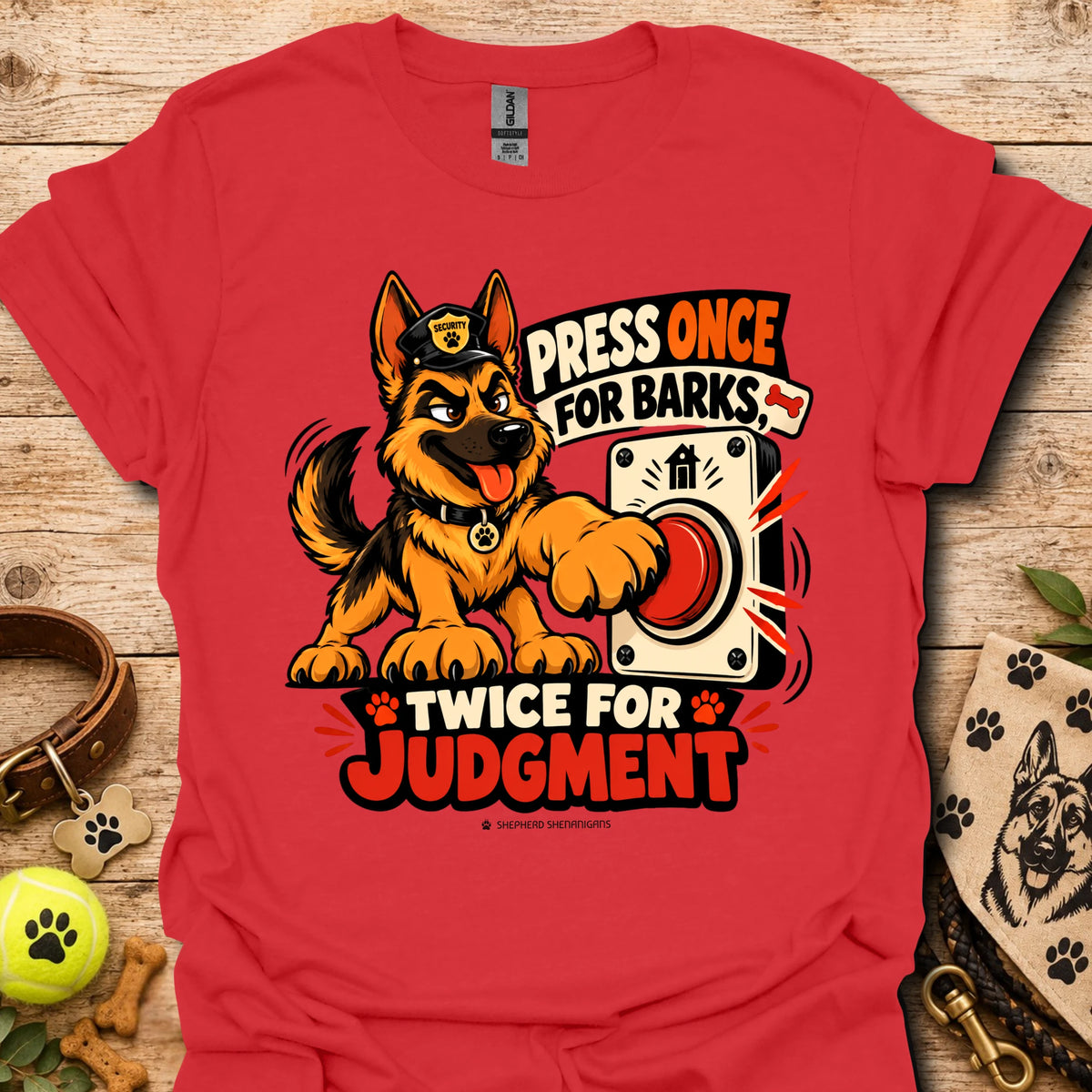 Red T-shirt with cartoon German Shepherd dog graphic and bold 'Press Once For Barks' text