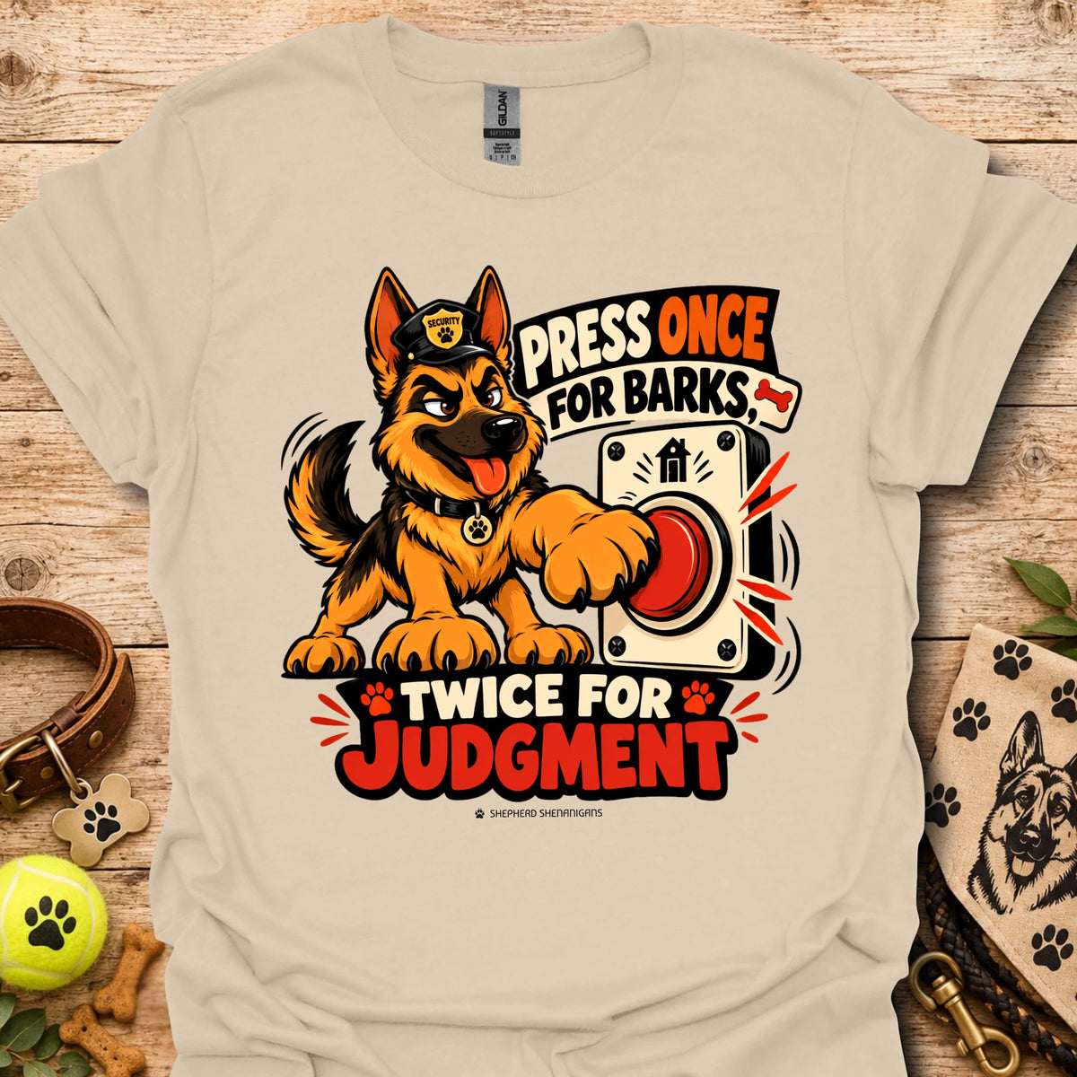 Sand T-shirt with cartoon German Shepherd dog graphic and bold 'Press Once For Barks' print