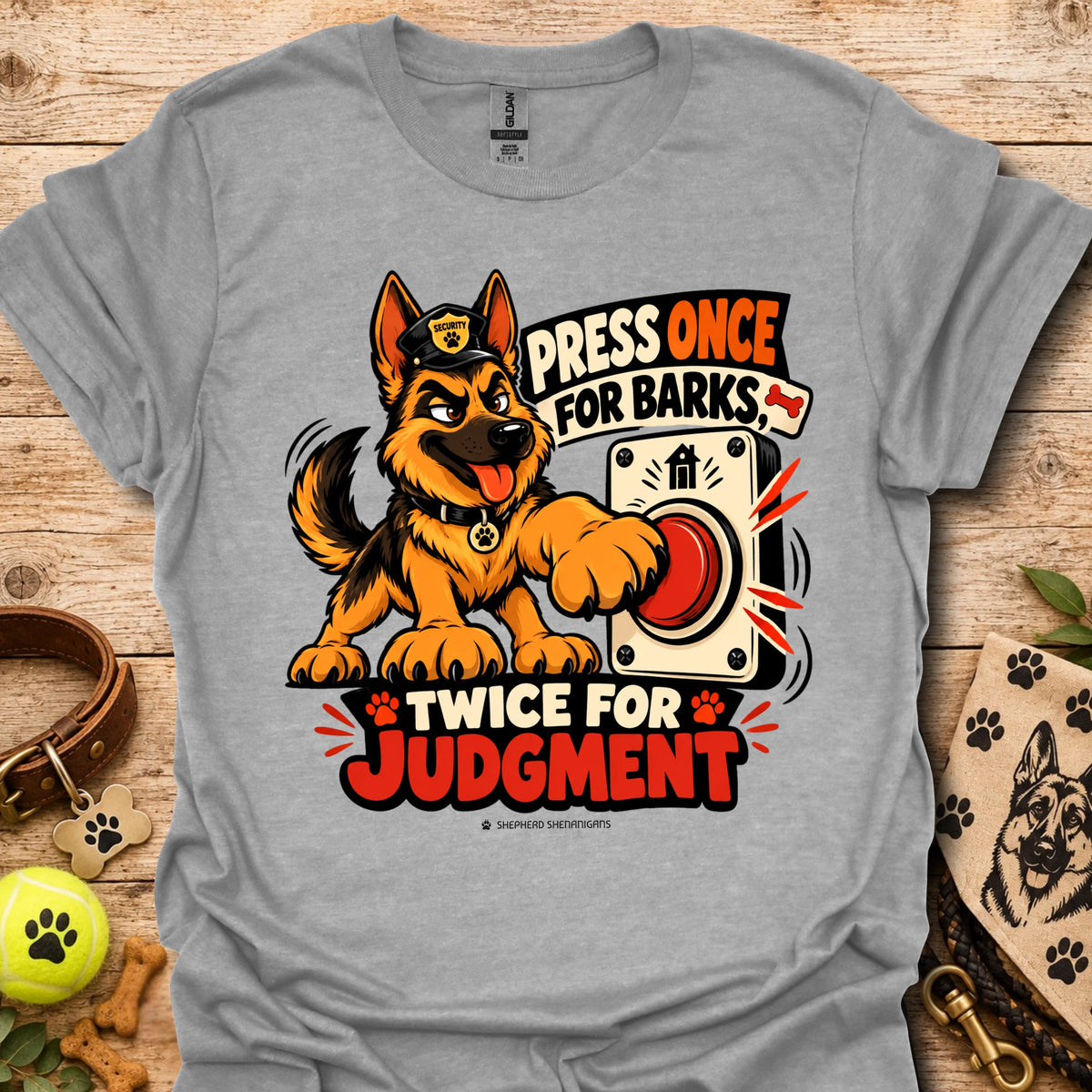 Sport grey T-shirt with cartoon German Shepherd dog graphic and bold 'Press Once For Barks' print