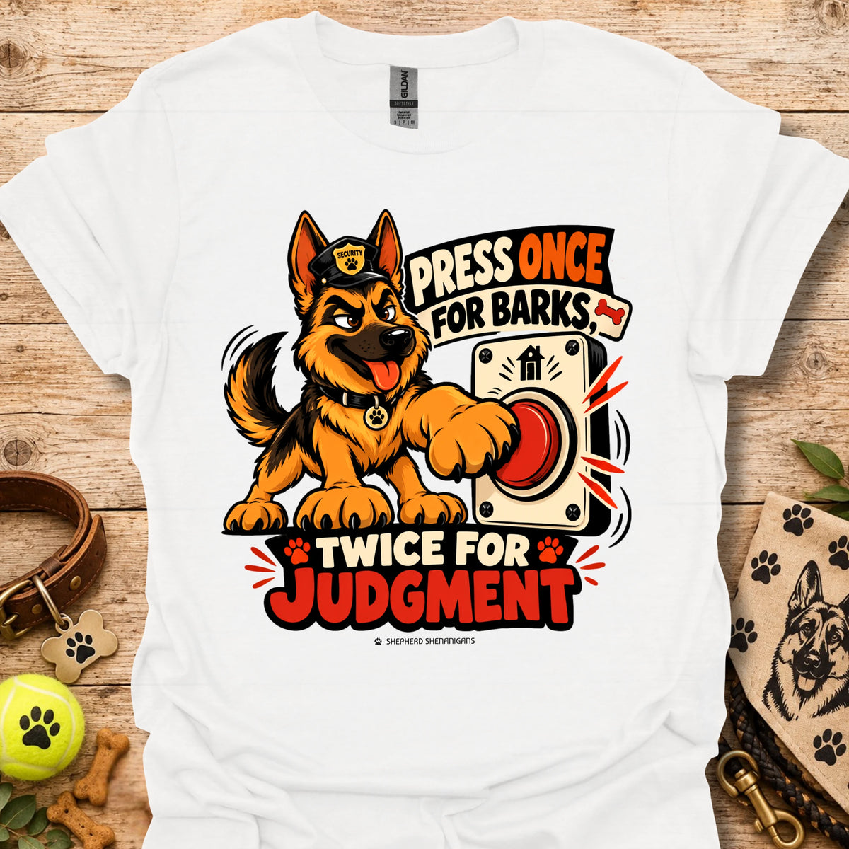 White T-shirt with cartoon German Shepherd dog graphic and bold 'Press Once For Barks' text