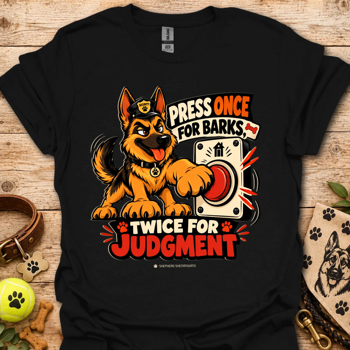 Black T-shirt with cartoon German Shepherd dog graphic and bold 'Press Once For Barks' print