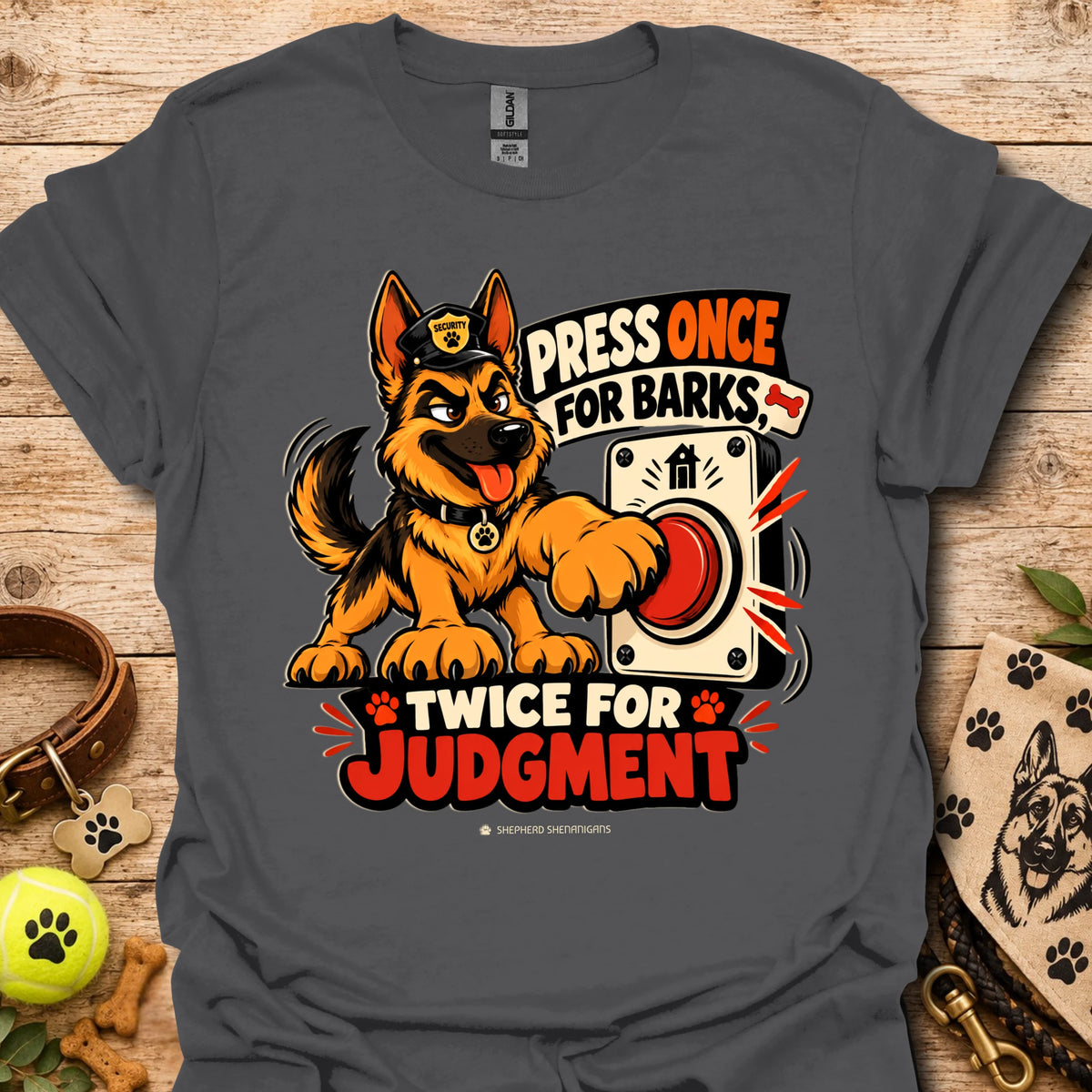 Charcoal T-shirt with cartoon German Shepherd dog graphic and bold 'Press Once For Barks' text