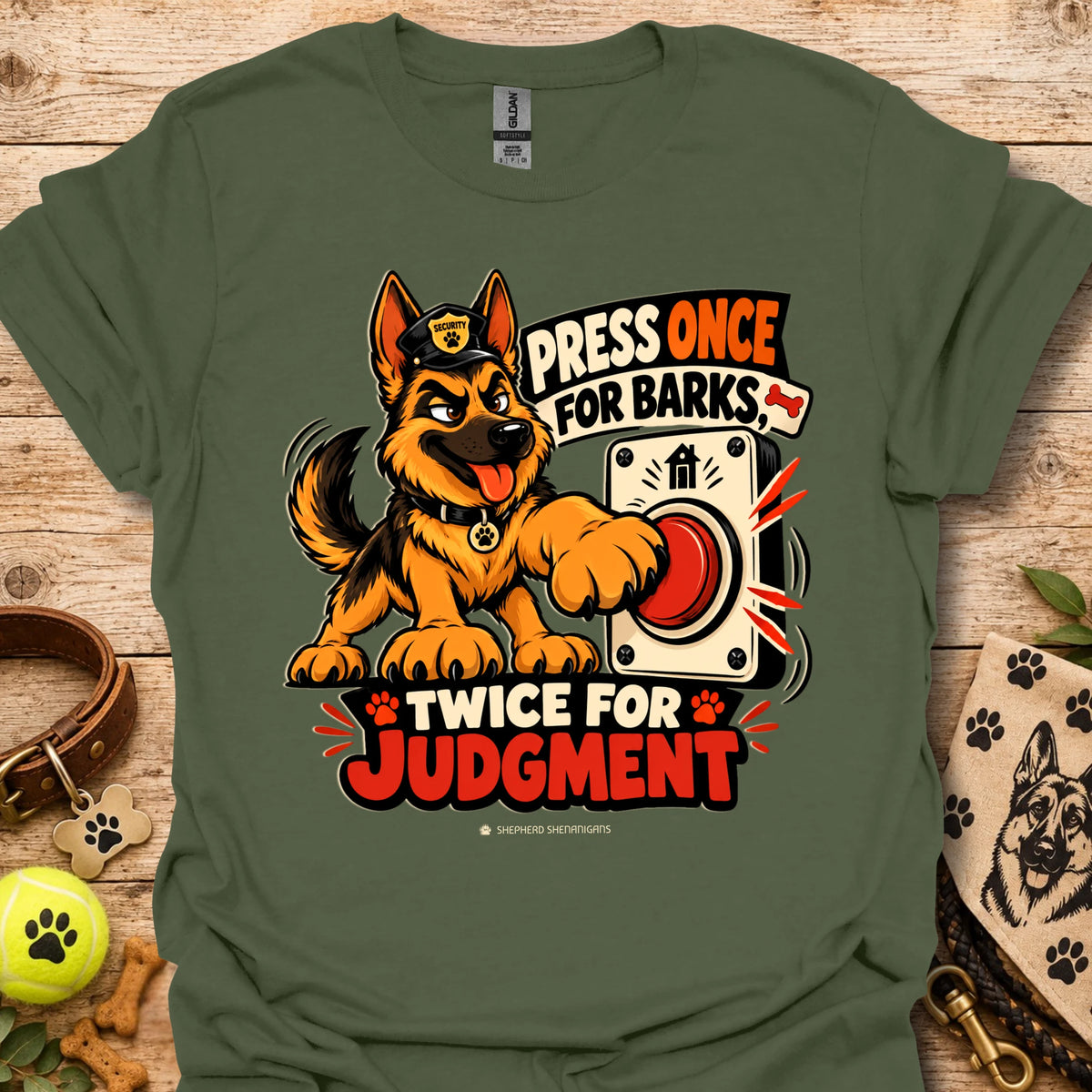 Military green T-shirt with cartoon German Shepherd dog graphic and bold 'Press Once For Barks' print