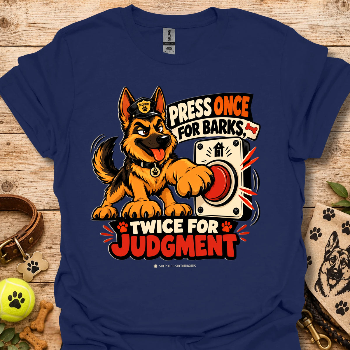 Navy T-shirt with cartoon German Shepherd dog graphic and bold 'Press Once For Barks' print