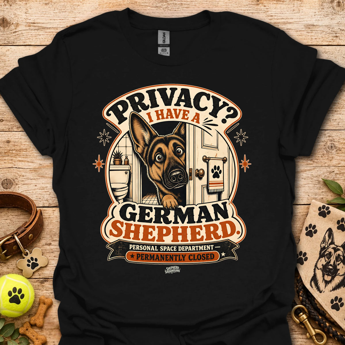 Black graphic T-shirt with German Shepherd and privacy-themed badge logo