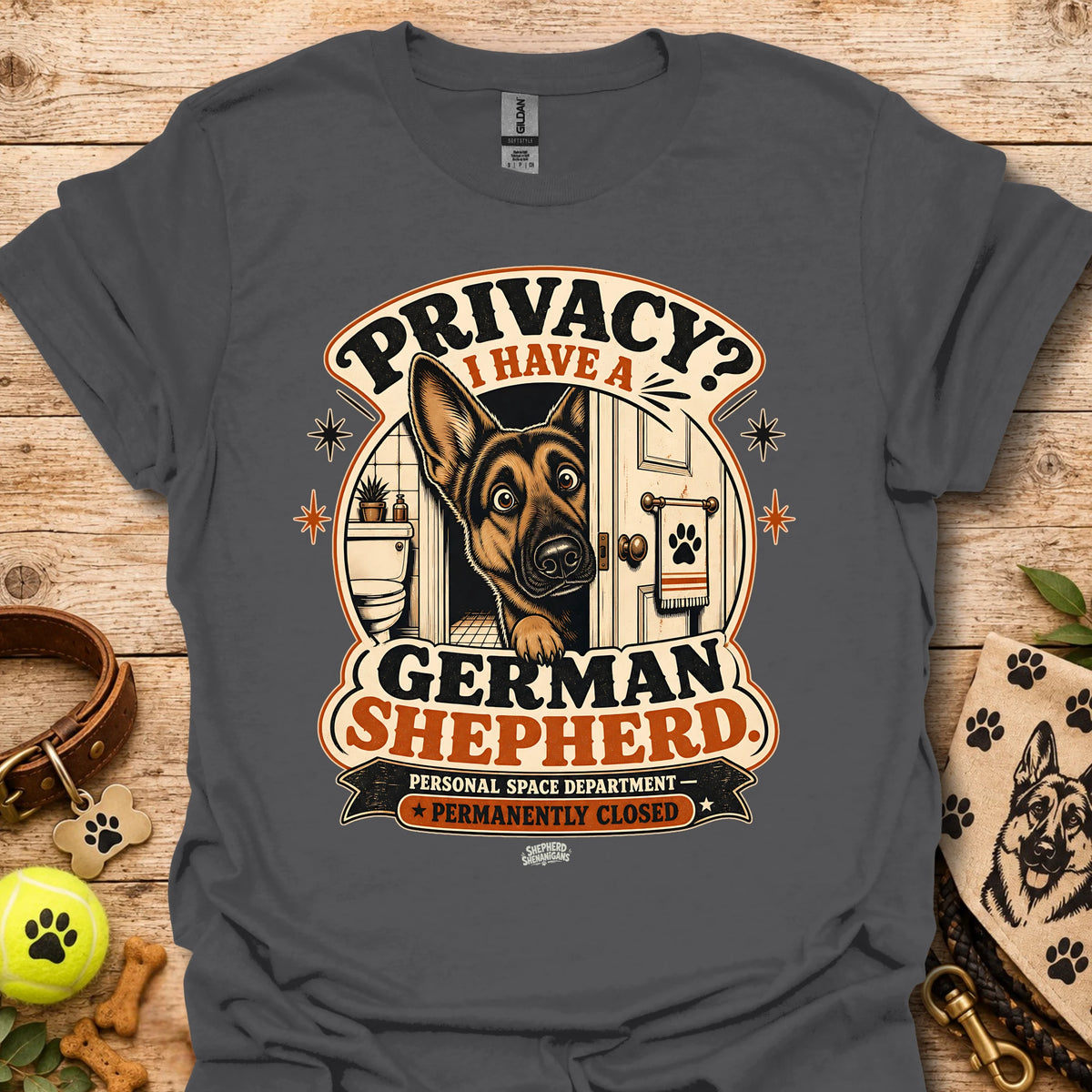 Sport grey graphic T-shirt with German Shepherd and privacy-themed badge logo