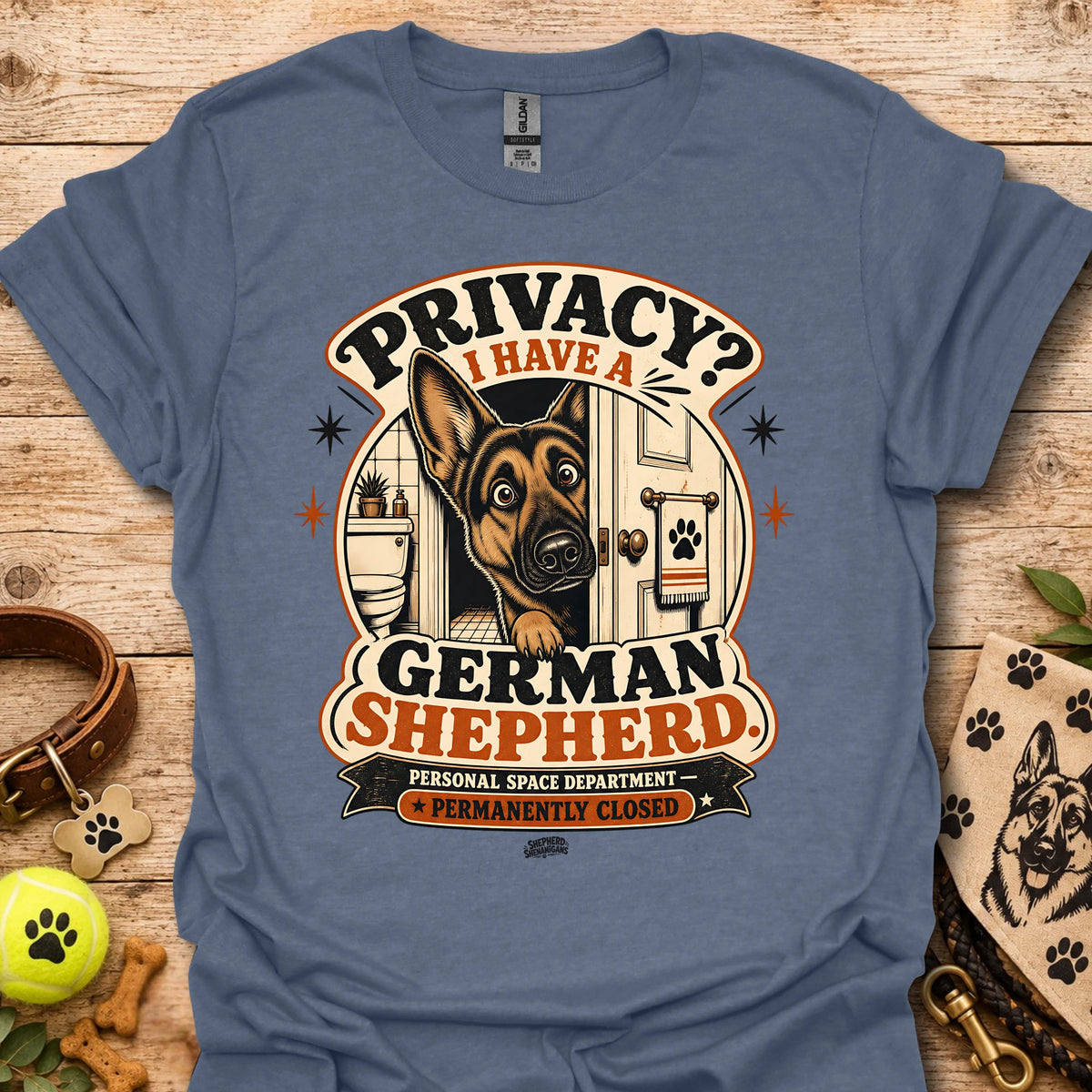 Heather indigo graphic T-shirt with German Shepherd and privacy-themed badge logo