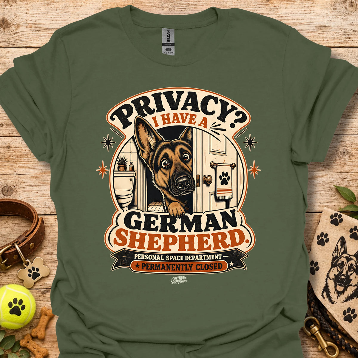 Military green graphic T-shirt with German Shepherd and privacy-themed badge logo